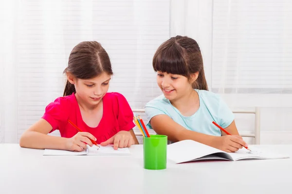 Kleine Mädchen machen gemeinsam Hausaufgaben — Stockfoto