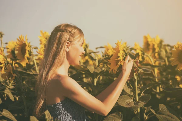 Vrouw ruikende zonnebloem — Stockfoto