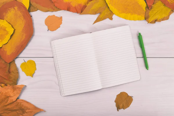 Carnet et stylo sur table en bois avec feuilles peintes — Photo