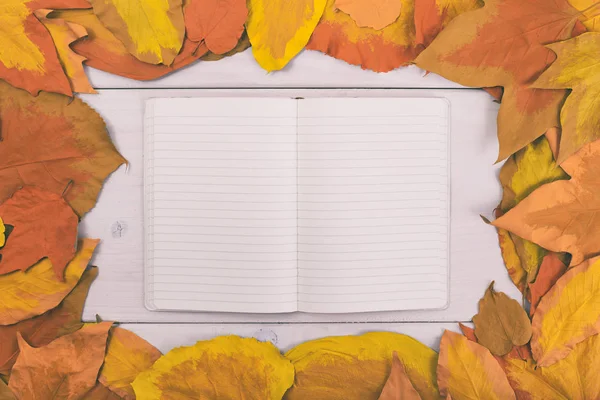 Cuaderno sobre mesa de madera con hojas pintadas — Foto de Stock