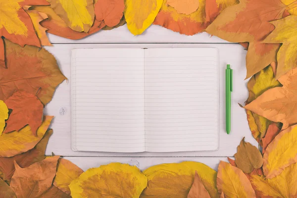 Cuaderno y pluma sobre mesa de madera con hojas pintadas — Foto de Stock