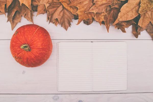 Kürbis und leeres Notizbuch auf Holztisch mit Herbstblättern — Stockfoto