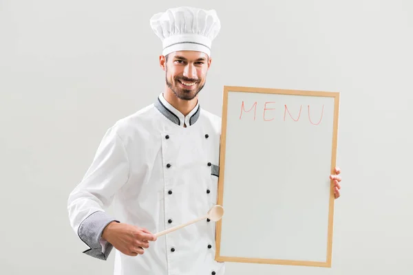 Chef-kok vertoont whiteboard — Stockfoto