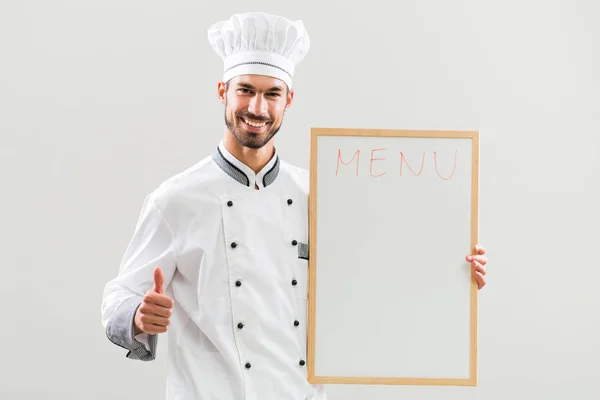 Chef-kok opdagen whiteboard en duim — Stockfoto