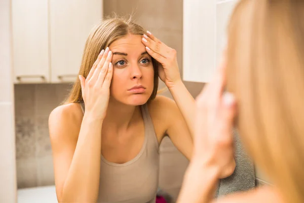 Worried Woman Looking Her First Wrinkles Bathroom — Stock Photo, Image