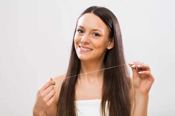 Image Beautiful Brunette Woman Showing Dental Floss — Stock Photo, Image