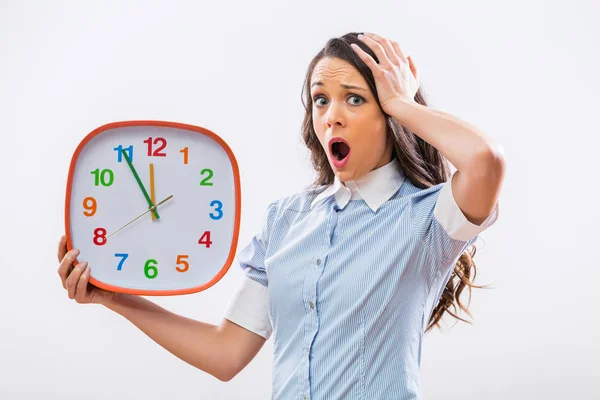 Image Businesswoman Panic Holding Clock Gray Background — Stock Photo, Image