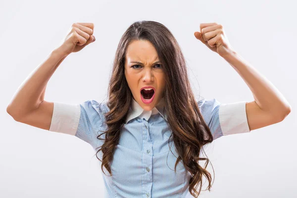 Image Angry Businesswoman Shouting Gray Background — Stock Photo, Image