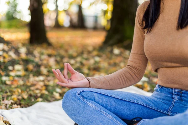Mujer Meditando Mientras Descansa Disfruta Otoño Parque —  Fotos de Stock