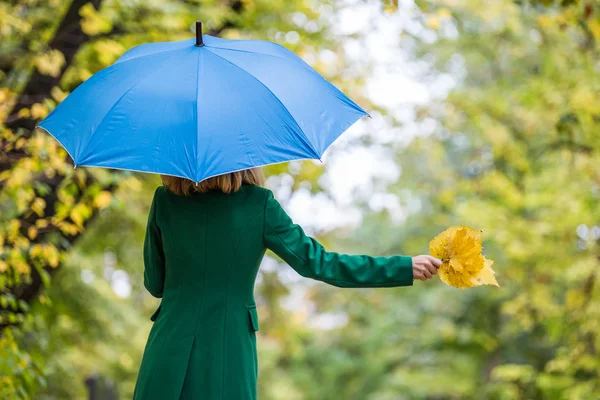 Mujer Sosteniendo Paraguas Hojas Otoño Mientras Está Pie Parque — Foto de Stock