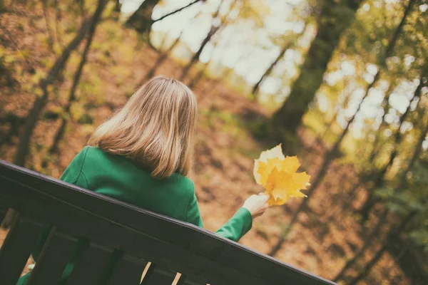 Woman Holding Fall Leaves Enjoy Autumn While Sitting Park — Stock Photo, Image