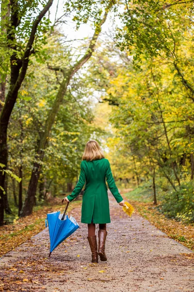 Vrouw Met Paraplu Herfstbladeren Tijdens Het Wandelen Het Park — Stockfoto