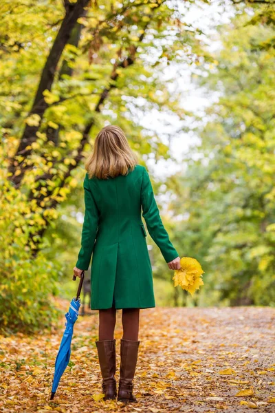 Vrouw Met Paraplu Herfstbladeren Terwijl Het Park Staat — Stockfoto