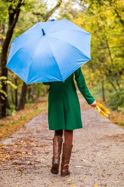 Woman Holding Umbrella Fall Leafs While Walking Park — Stock Photo, Image
