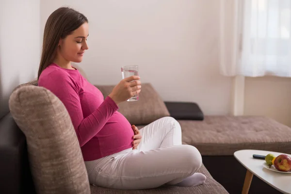 Hermosa Mujer Embarazada Disfruta Beber Agua Mientras Descansa Sofá Casa — Foto de Stock