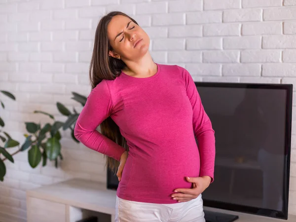 Pregnant Woman Having Pain Back While Spending Time Her Home — Stock Photo, Image