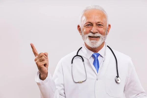 Portrait Senior Doctor Pointing Gray Background — Stock Photo, Image