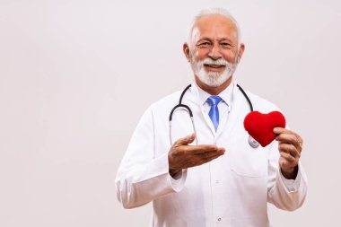 Steteskoplu kıdemli doktorun portresi gri arka planda kalp şeklini gösteriyor..