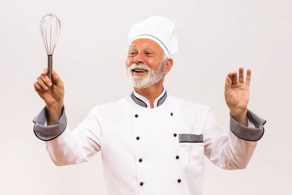 Afbeelding Van Muzikale Dirigent Senior Chef Met Draad Garde Grijze — Stockfoto