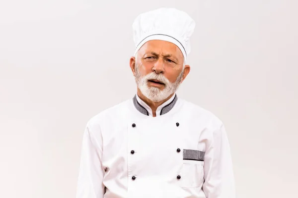 Bild Eines Erschöpften Chefkochs Auf Grauem Hintergrund — Stockfoto