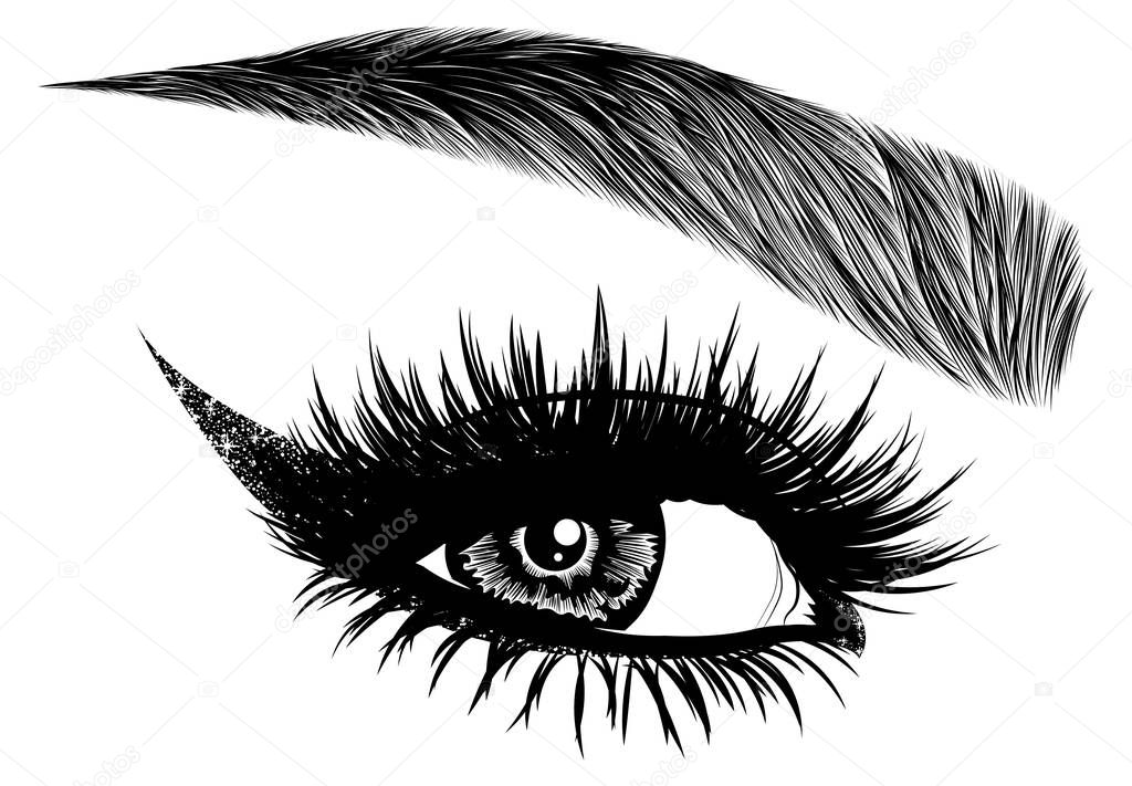 Illustration with woman's eye, eyelashes and eyebrow. Makeup Look. Tattoo design. Logo for brow bar or lash salon.