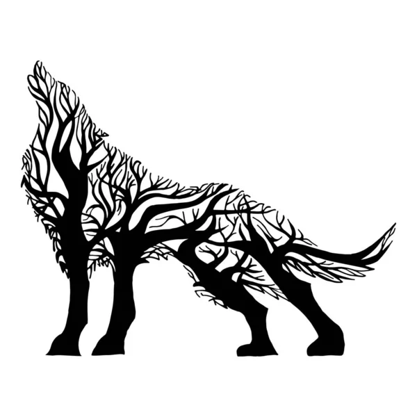 謎のオオカミの遠吠えシルエットの二重露光ブレンド木とイラスト 入れ墨のデザイン — ストックベクタ