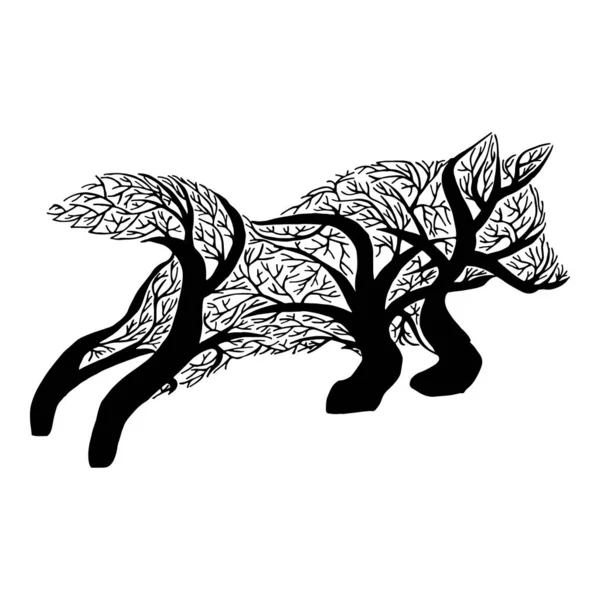 Ilustracja Tajemniczą Sylwetką Skok Wilka Podwójne Drzewo Ekspozycji Mieszanki Projekt — Wektor stockowy