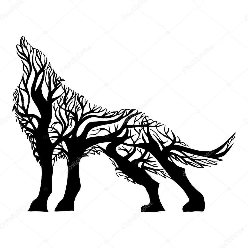 Illustration with mysterious wolf howl silhouette double exposure blend tree. Tattoo design.