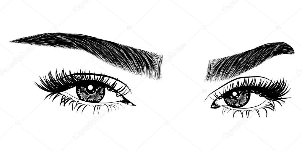 Illustration with woman's eyes, eyelashes and eyebrows. Realistic sexy makeup look. Tattoo design. Logo for brow bar or lash salon.