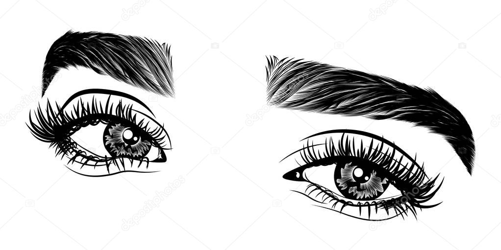 Illustration with woman's eyes, eyelashes and eyebrows. Realistic sexy makeup look. Tattoo design. Logo for brow bar or lash salon.