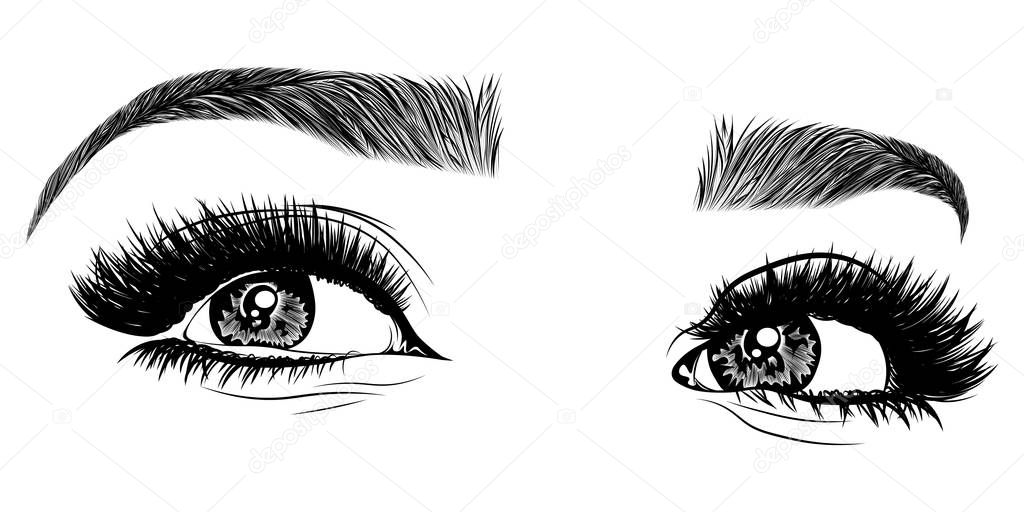 Illustration with woman's eyes, eyelashes and eyebrows. Realistic sexy makeup look. Tattoo design. Logo for brow bar or lash salon.