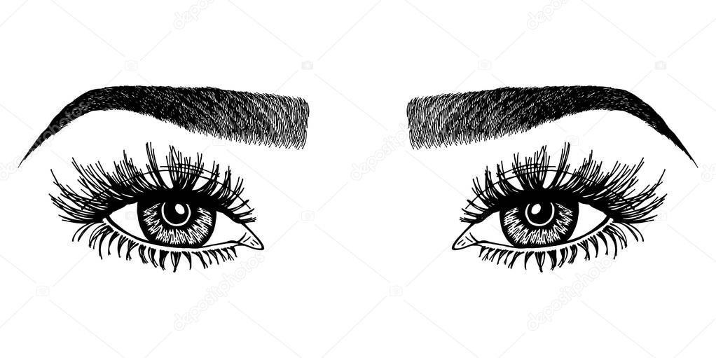 Illustration with woman's eyes, eyelashes and eyebrows. Makeup Look. Tattoo design. Logo for brow bar or lash salon.