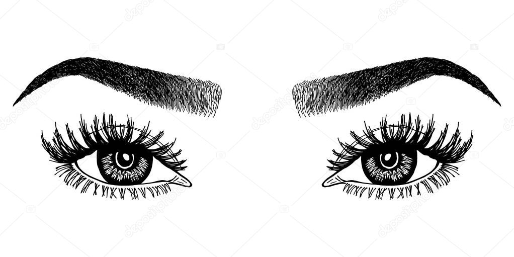 Illustration with woman's eyes, eyelashes and eyebrows. Makeup Look. Tattoo design. Logo for brow bar or lash salon.