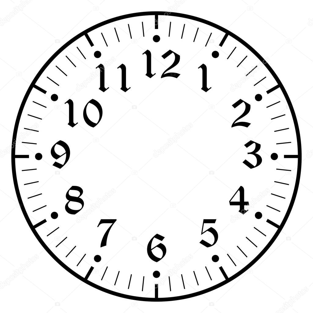 Clock face for house, alarm, table, kitchen, wall, wristwatches or special models for kids. Dial for pocket, stop watches or timer. For mark opening, visiting, office, business or working hours.