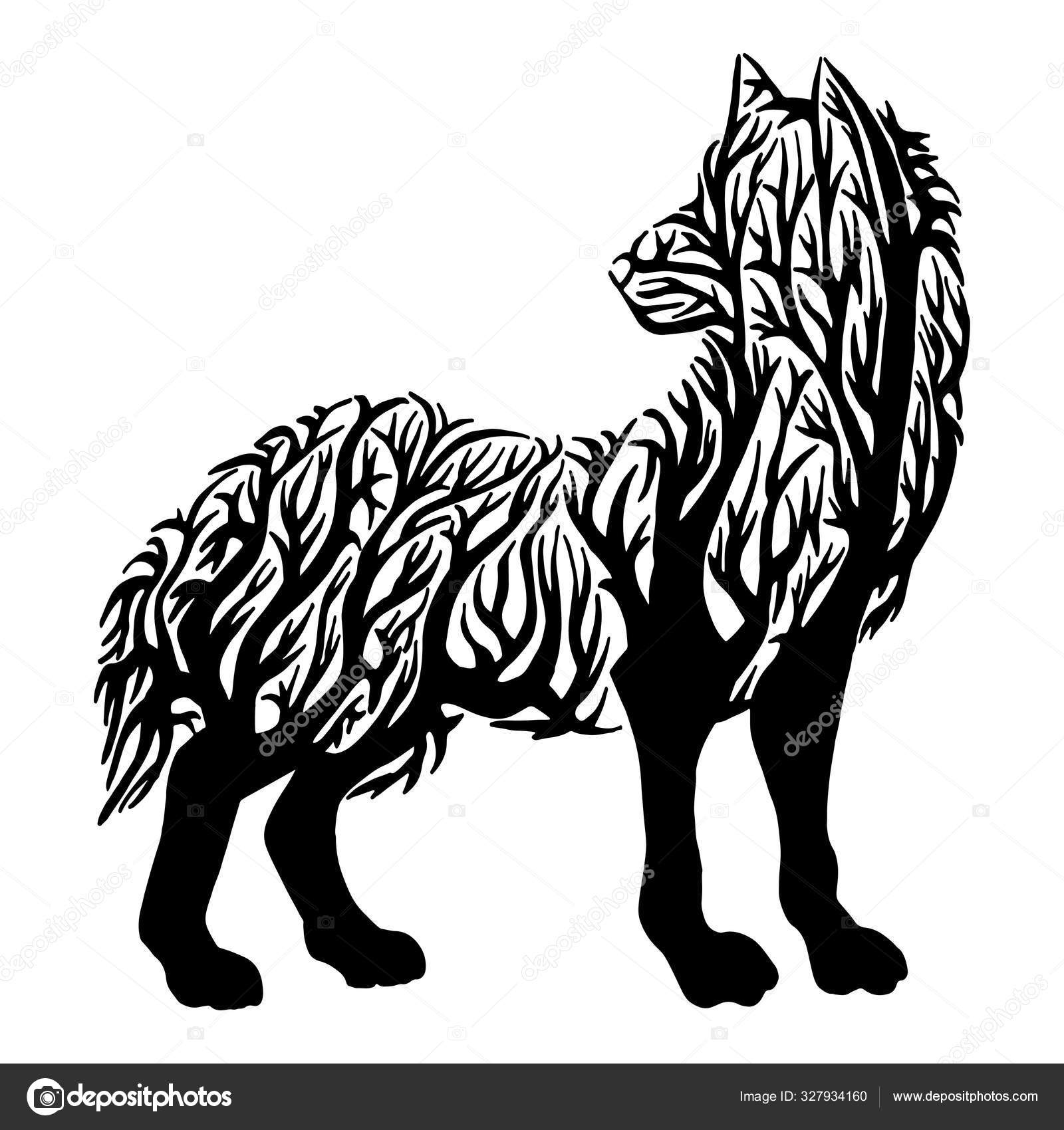 Illustration Wolf Silhouette Double Exposure Blend Tree Tattoo Design Stock Vector by ©Kapranova 327934160