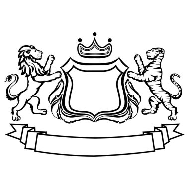 Aslan ve kaplanlı armalı resim. Dövme tasarımı elementi. Heraldry ve logo konsepti sanatı.