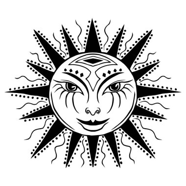 Elle çizilmiş güzel bir güneş sembolü. Davetiye elemanı. Dövme tasarımı. Boyama kitabı için çizim yapıyorum. Heraldry ve logo konsepti sanatı.