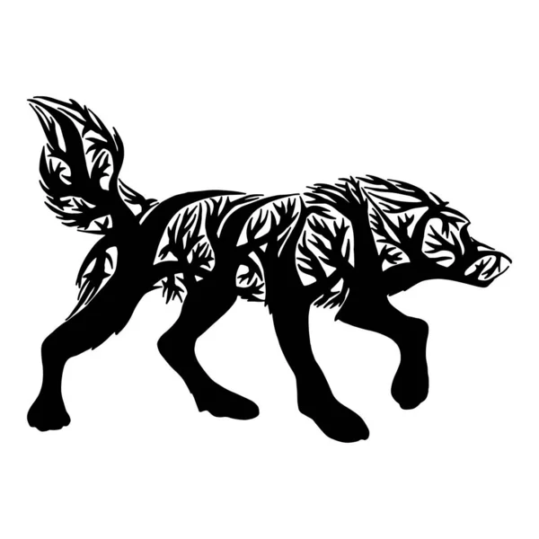オオカミのシルエットダブル露出ブレンドツリーとイラスト 入れ墨のデザイン — ストックベクタ