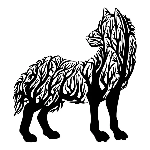 オオカミのシルエットダブル露出ブレンドツリーとイラスト 入れ墨のデザイン — ストックベクタ