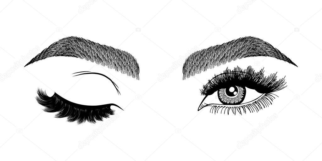 Illustration with woman's eye wink, eyebrows and eyelashes. Makeup Look. Tattoo design. Logo for brow bar or lash salon.