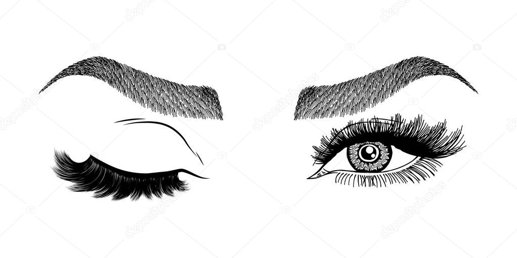 Illustration with woman's eye wink, eyebrows and eyelashes. Makeup Look. Tattoo design. Logo for brow bar or lash salon.