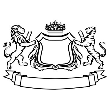 Aslan ve kaplanlı armalı resim. Dövme tasarımı elementi. Heraldry ve logo konsepti sanatı.