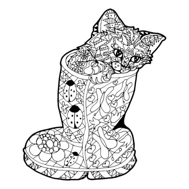 Elle çizilmiş karalamalı kedili bir resim. Boyama kitabı için çizim yapıyorum. El Çizimi Zentangle.