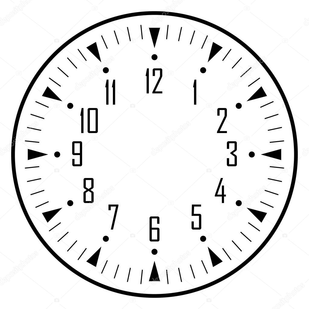 Clock face for house, alarm, table, kitchen, wall, wristwatch or special model for kids. Dial for pocket, stop watches, timers or grandfather clocks. Logo for the repair shop.