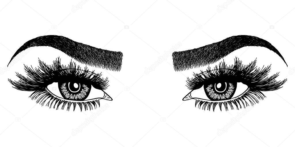 Illustration with woman's eyes, eyelashes and eyebrows. Makeup Look. Tattoo design. Logo for brow bar or lash salon.