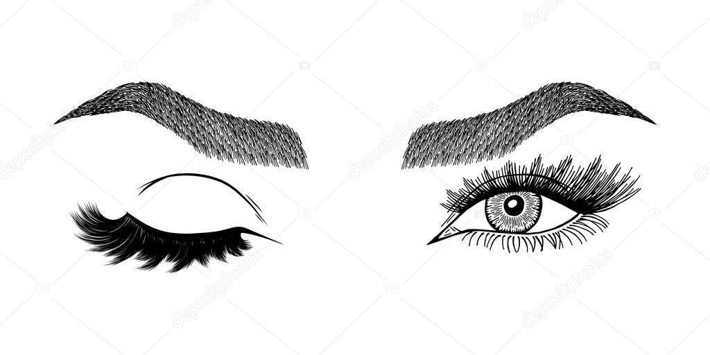 Illustration with woman's eye wink, eyebrows and eyelashes. Makeup Look. Tattoo design. Logo for brow bar or lash salon.