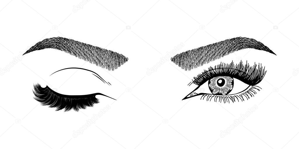 Illustration with woman's eye wink, eyebrows and eyelashes. Makeup Look. Tattoo design. Logo for brow bar or lash salon.