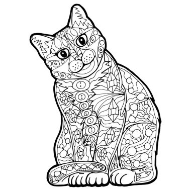 Elle çizilmiş karalamalı kedili bir resim. Boyama kitabı için çizim yapıyorum. El Çizimi Zentangle.