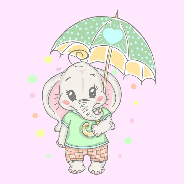 傘で可愛い象とイラスト ベビーTシャツプリント ファッションプリントデザイン 子供服 ベビーシャワーお祝いの挨拶や招待カードに使用できます — ストックベクタ