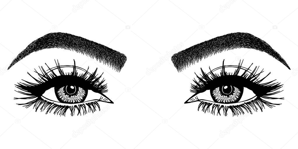 Illustration with woman's eyes, eyelashes and eyebrows. Makeup Look. Tattoo design. Logo for brow bar or lash salon.